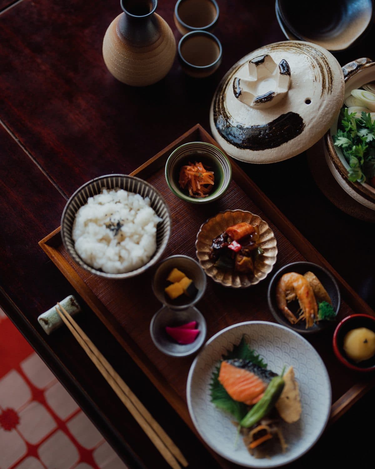 A Japanese set meal of rice, sides, and small plates served at Don Rice Bar