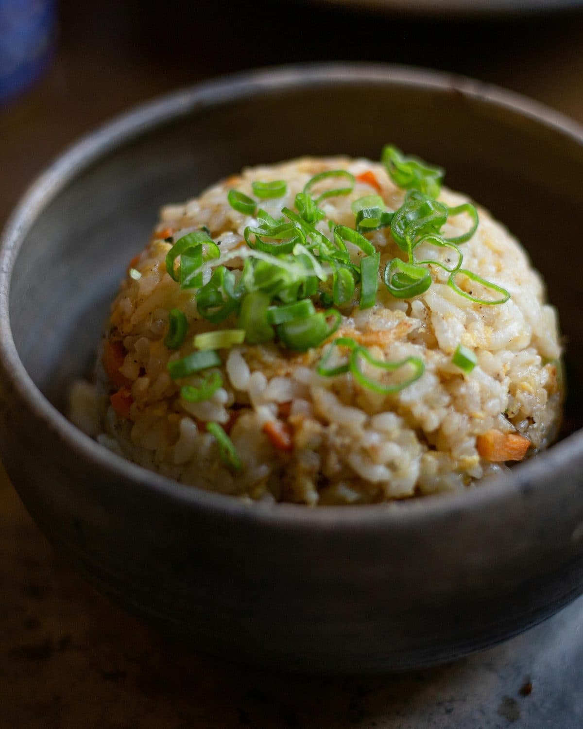 Japanese fried rice topped with green onion in a stone bowl at Don Rice Bar
